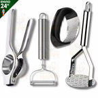 Kit cozinha descascador de legumes amassador de batatas espremedor de limão e de alho em aço inox