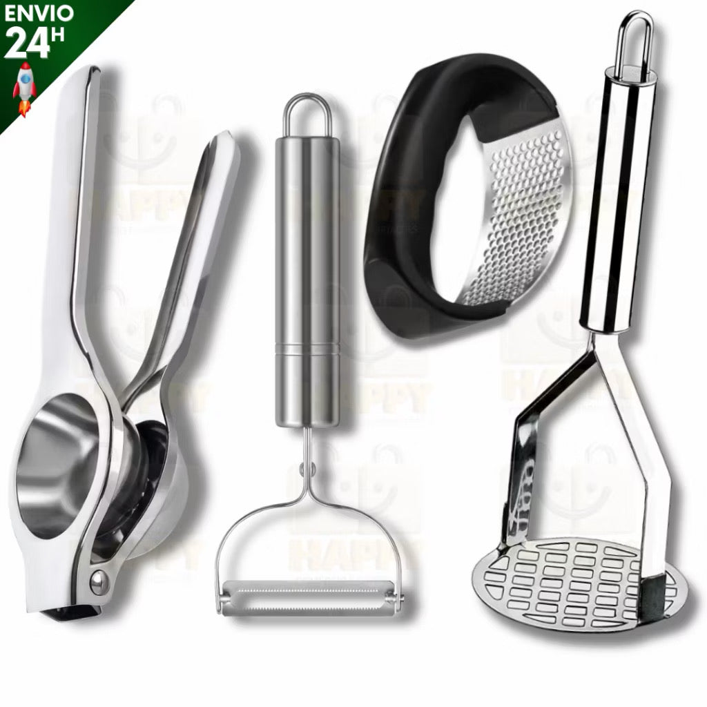Kit cozinha descascador de legumes amassador de batatas espremedor de limão e de alho em aço inox