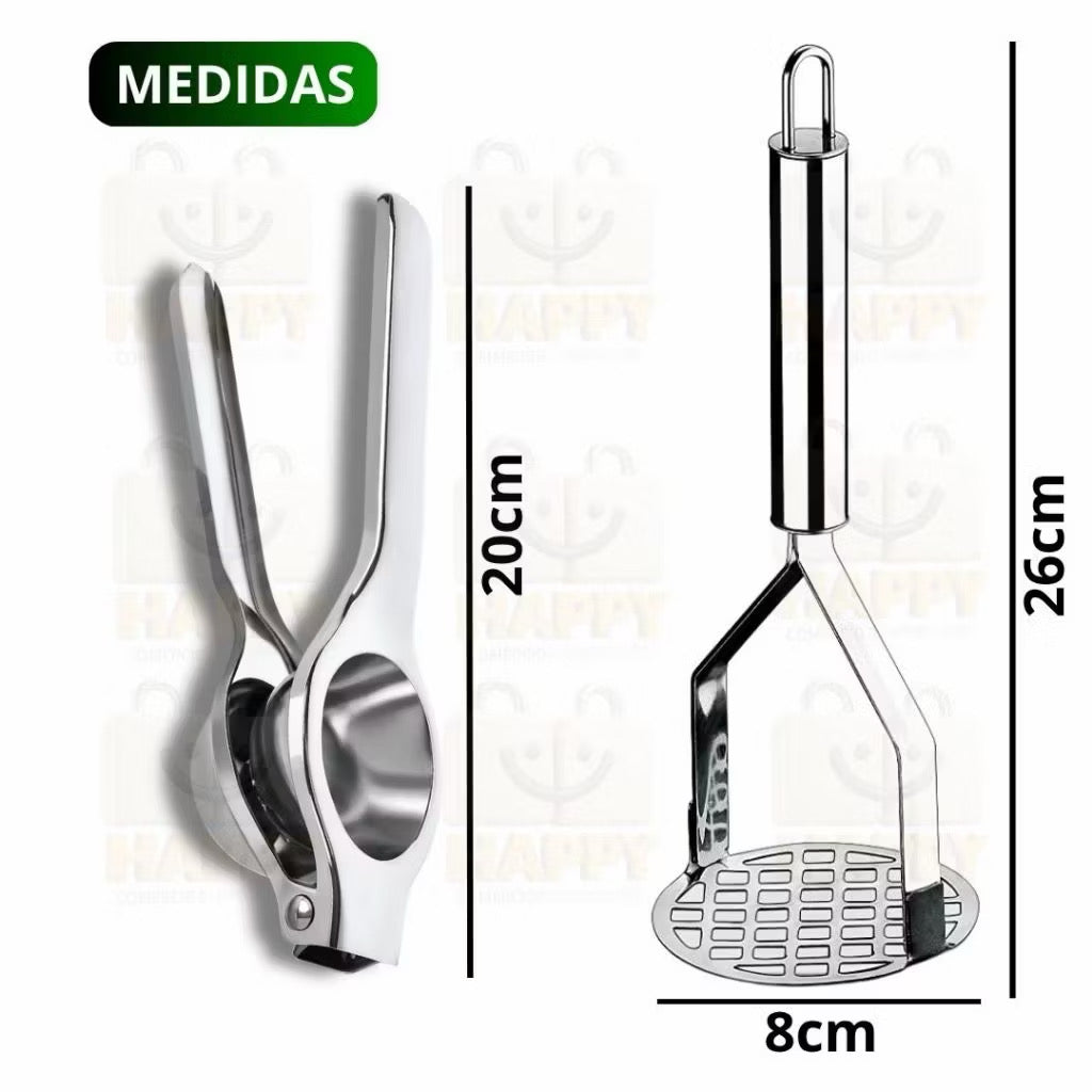 Kit cozinha descascador de legumes amassador de batatas espremedor de limão e de alho em aço inox