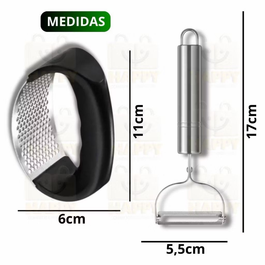 Kit cozinha descascador de legumes amassador de batatas espremedor de limão e de alho em aço inox