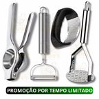 Kit cozinha descascador de legumes amassador de batatas espremedor de limão e de alho em aço inox