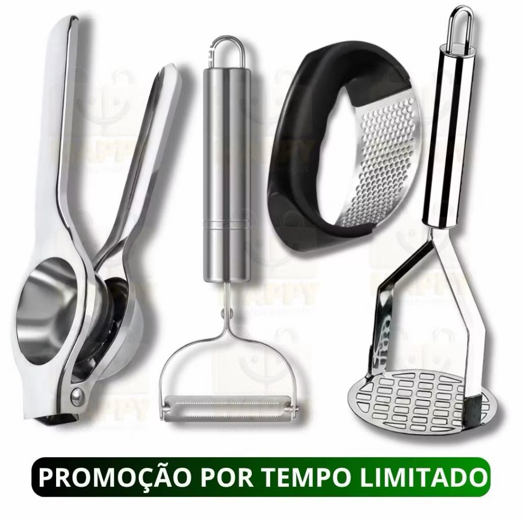 Kit cozinha descascador de legumes amassador de batatas espremedor de limão e de alho em aço inox
