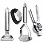 Kit cozinha descascador de legumes amassador de batatas espremedor de limão e de alho em aço inox