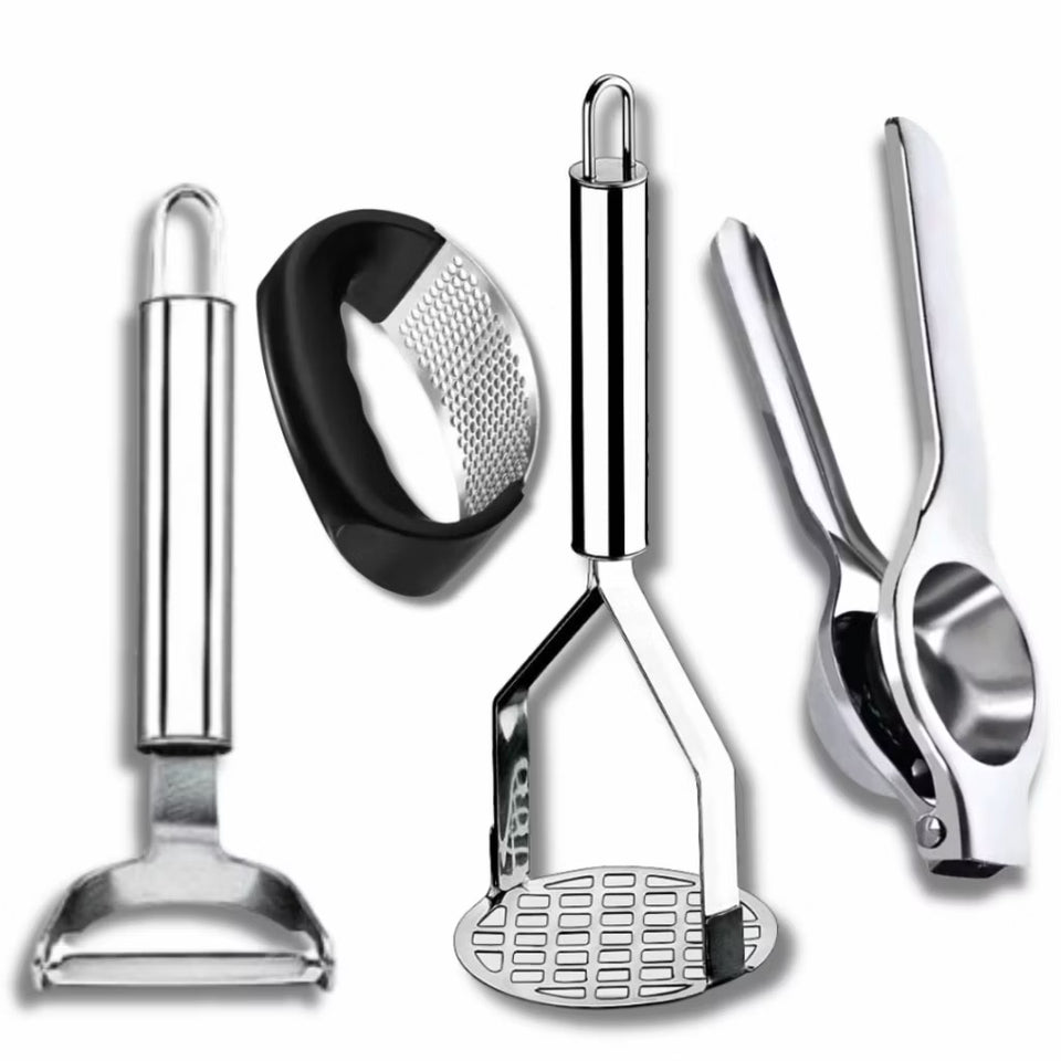Kit cozinha descascador de legumes amassador de batatas espremedor de limão e de alho em aço inox
