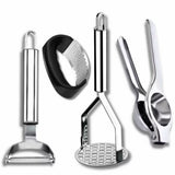 Kit cozinha descascador de legumes amassador de batatas espremedor de limão e de alho em aço inox