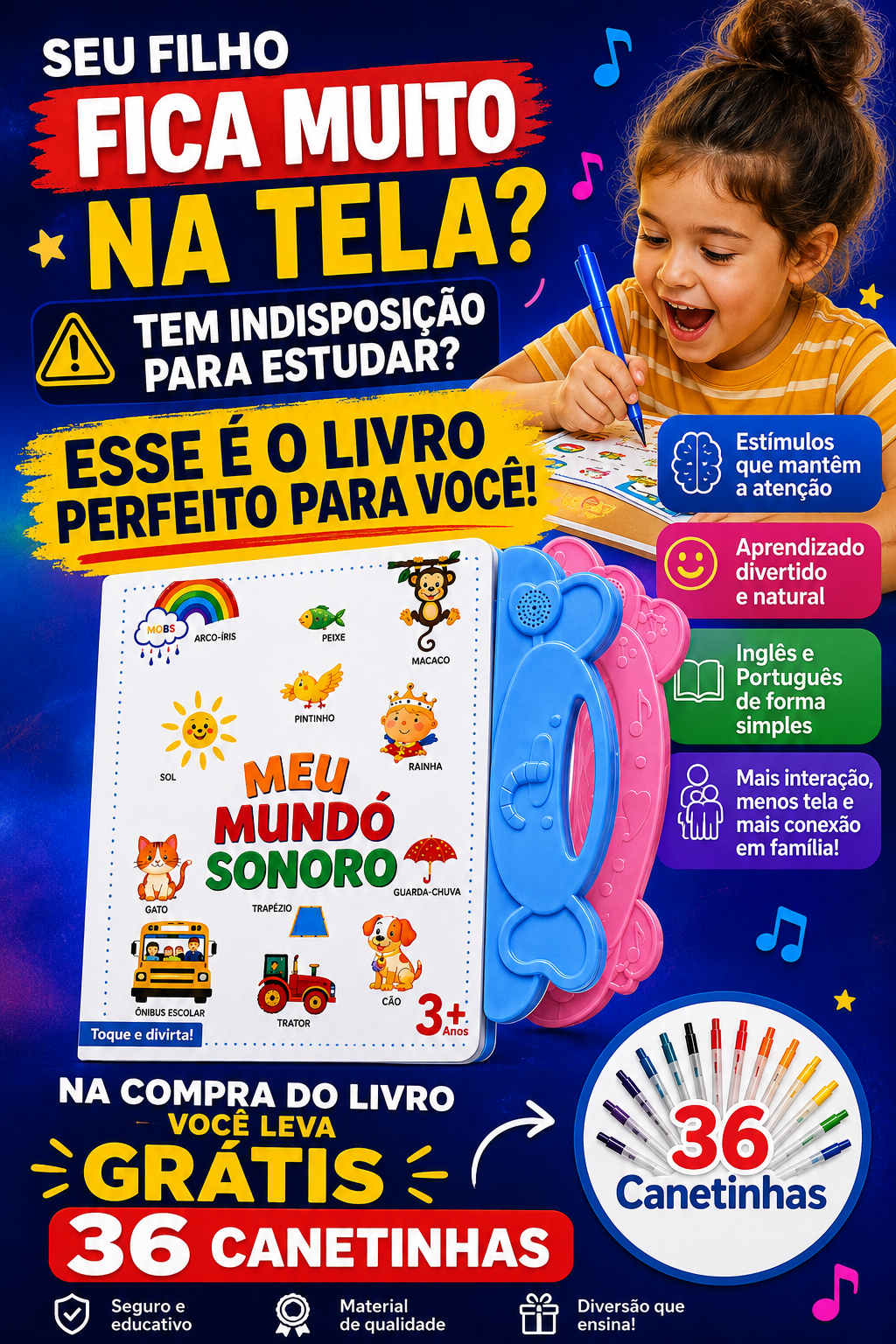 Meu E-Livro Educativo Bilíngue – Português e Inglês | Livro Sonoro Infantil Interativo/36 canetinhas grátis 🔥