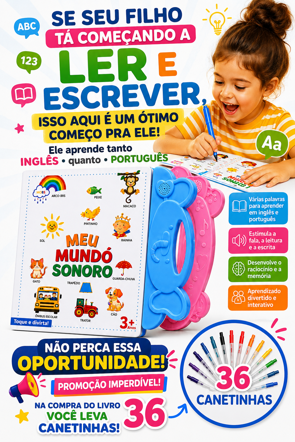 Meu E-Livro Educativo Bilíngue – Português e Inglês | Livro Sonoro Infantil Interativo/36 canetinhas grátis 🔥