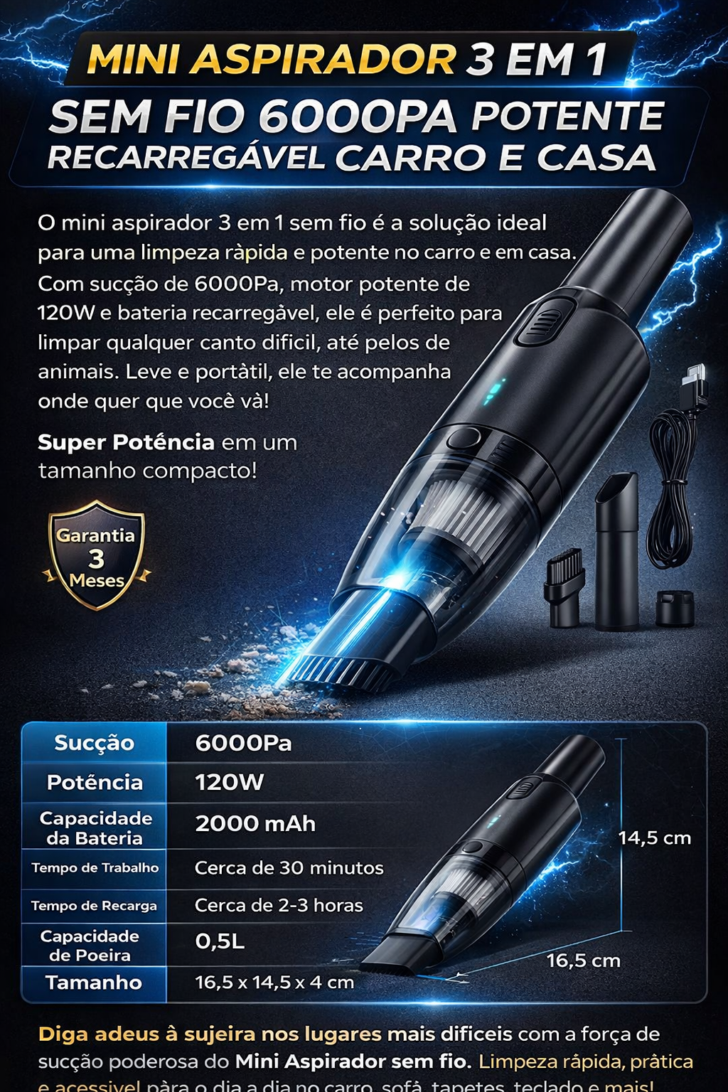 Mini aspirador de pó portátil automotivo casa sem fio 3 em 1 potente 6000pa  recarregáveis
