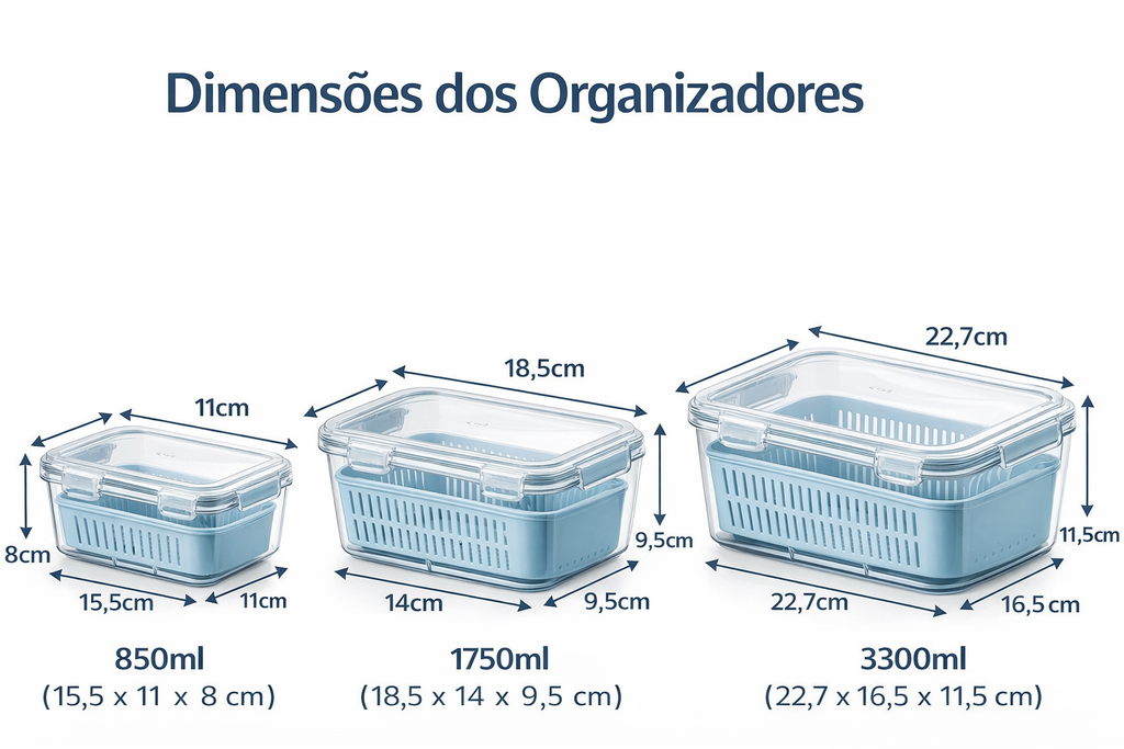 Kit 3 caixas Hermética para geladeira cestas conjunto com tampa cesta de drenagem grande