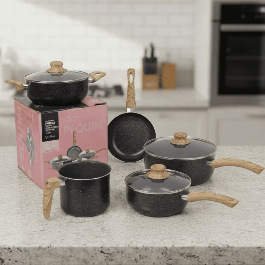 Jogo de panela cerâmica kit com 5 peças antiaderente tampa de vidro