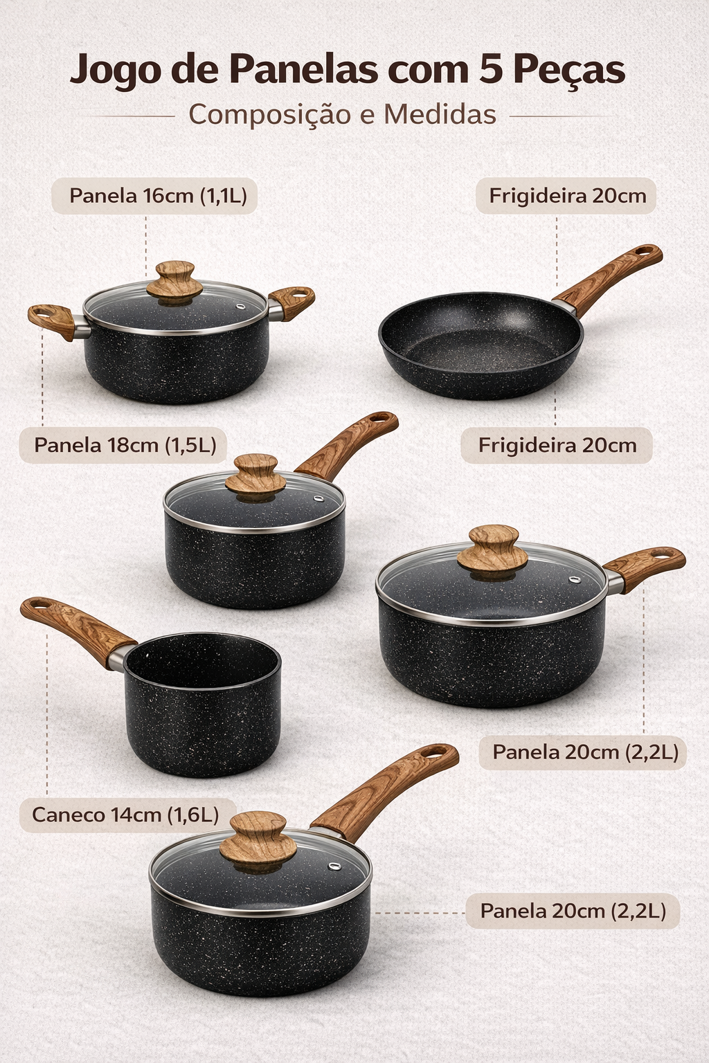 Jogo de panela cerâmica kit com 5 peças antiaderente tampa de vidro