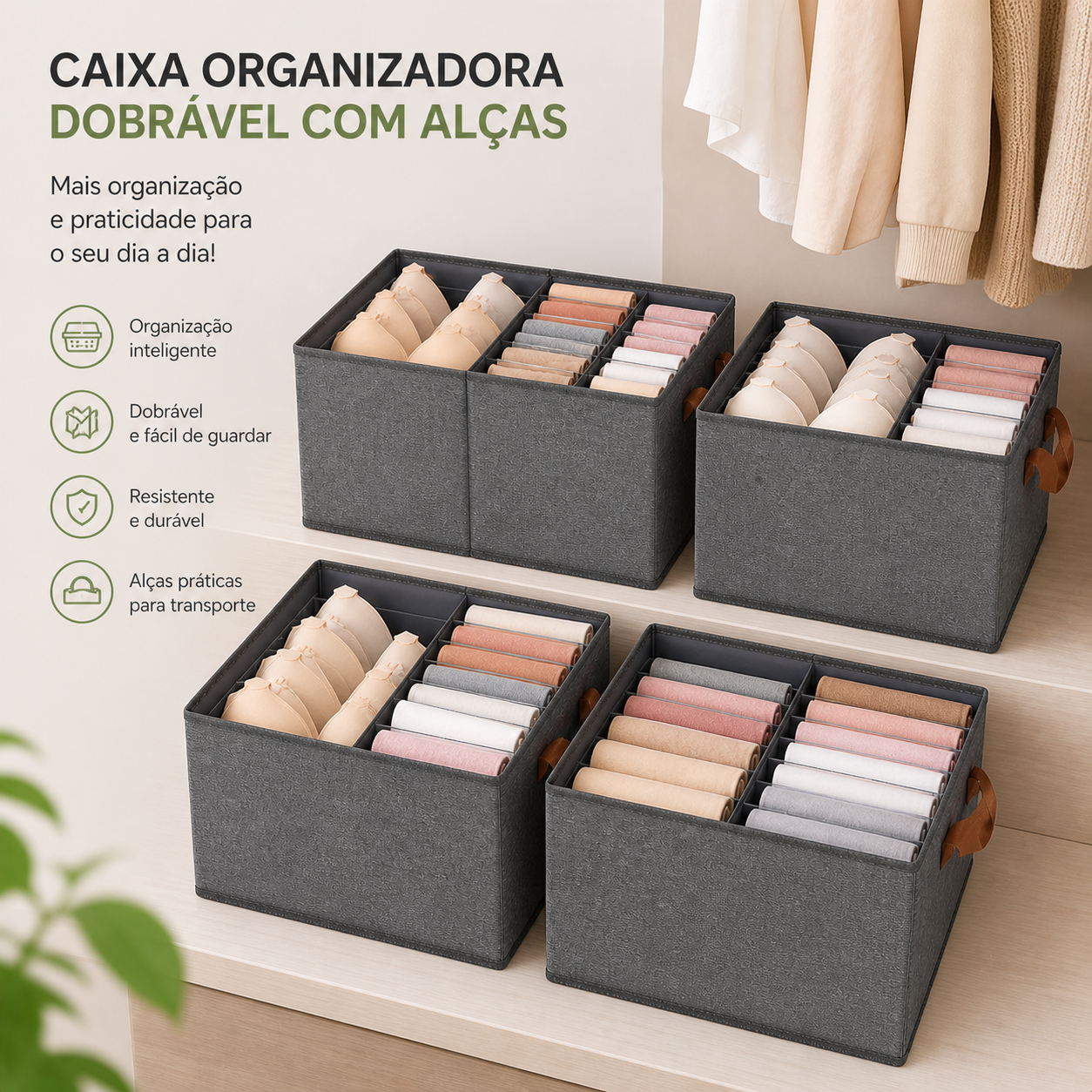 Kit cesto organizador de guarda-roupa reforçado caixa para armazenar multiuso