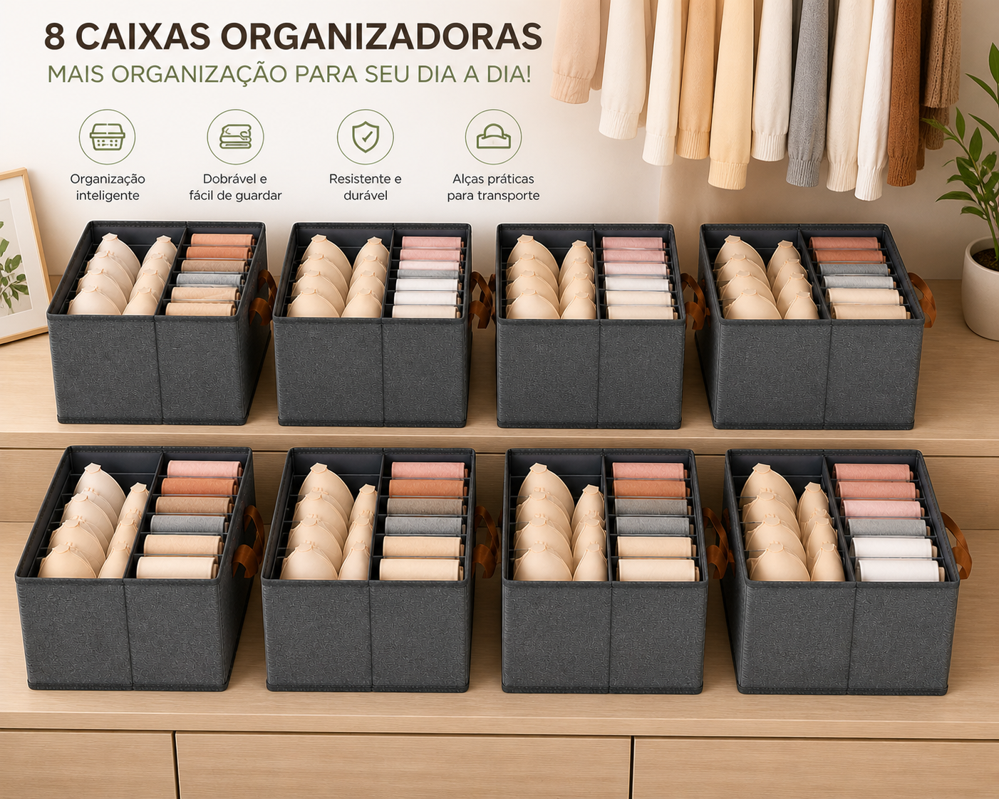 Kit cesto organizador de guarda-roupa reforçado caixa para armazenar multiuso